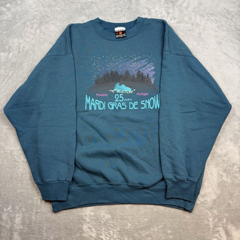 Vintage Signal Sports Mardi Gras De Snow Sweatshirt XL Teal Michigan